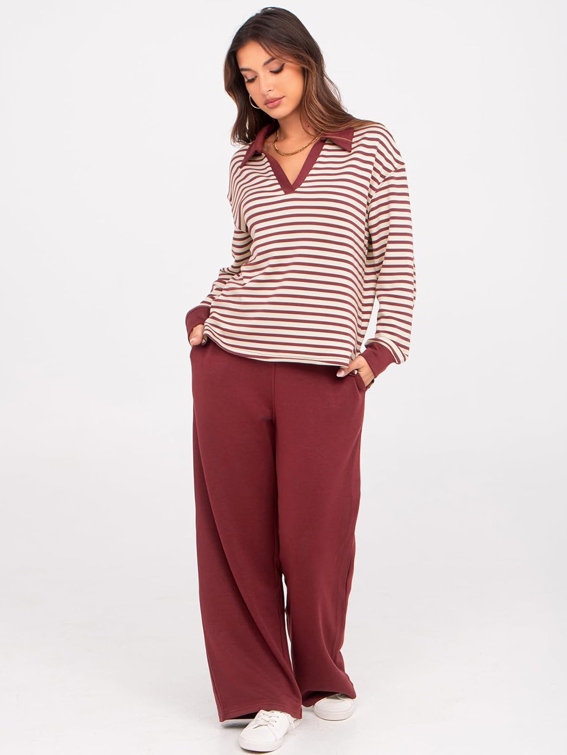 Women's 2 Piece Sets Outfits Casual Long Sleeve Sweatsuits Polo Top and Wide Leg Pants Matching Sets