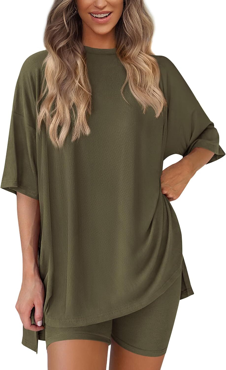 Women's Two Piece Lounge Set Casual Oversized Crewneck Tops and High Waisted Shorts Set
