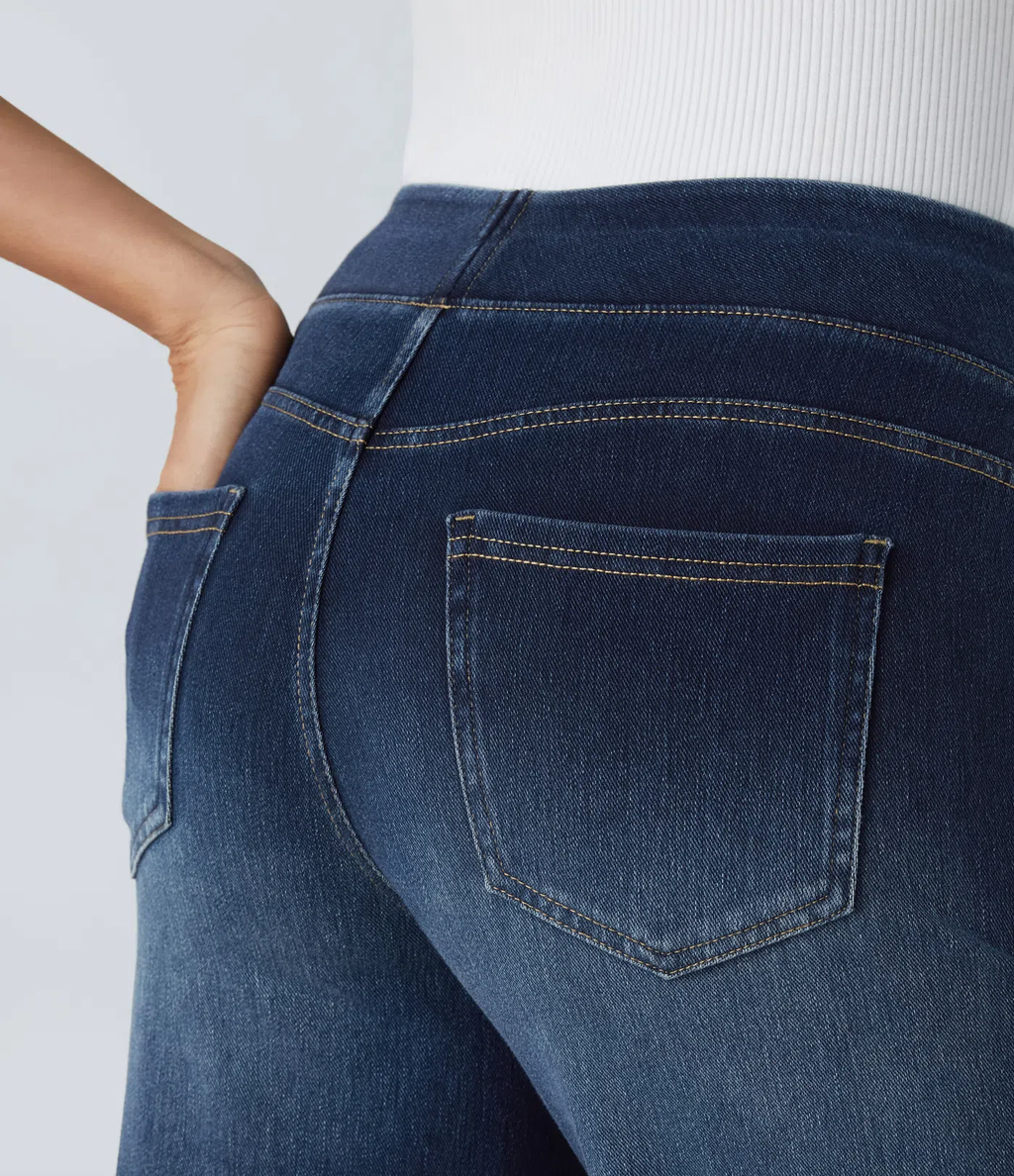 💝Last day promotion⚡High Waisted Multiple Pockets Baggy Wide Leg Washed Stretchy Knit Casual Jeans