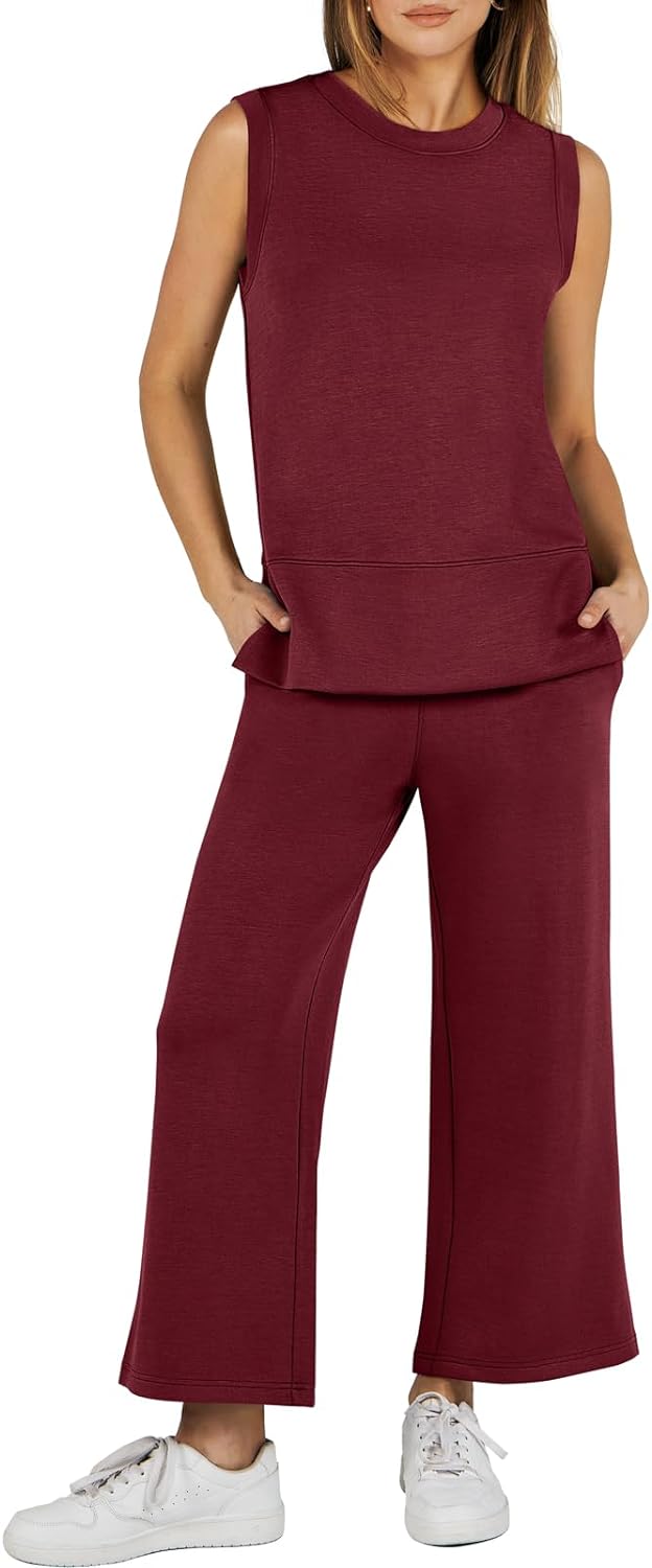 Women's 2 Piece Sets Summer Outfits Sleeveless Wide Leg Tracksuits Casual Sweat Sets Lounge Sweatsuits