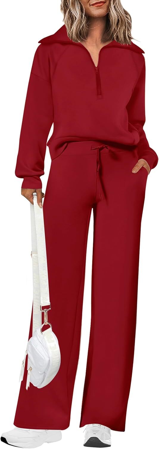 Women's 2 Piece Outfits Casual Lapel Half Zip Sweatshirts And Wide Leg Pants Tracksuit Sets