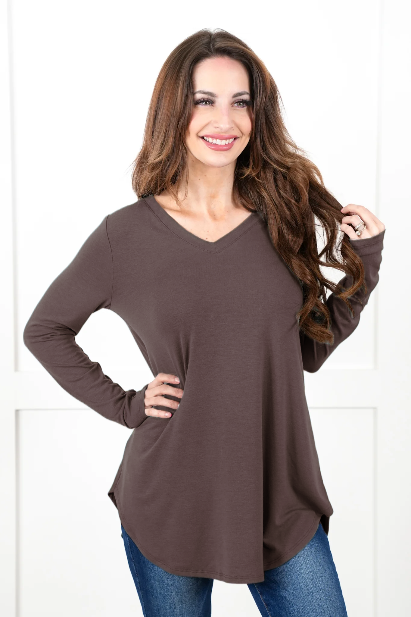 Long Sleeve V-Neck Round Hem Top (Multiple Colors)