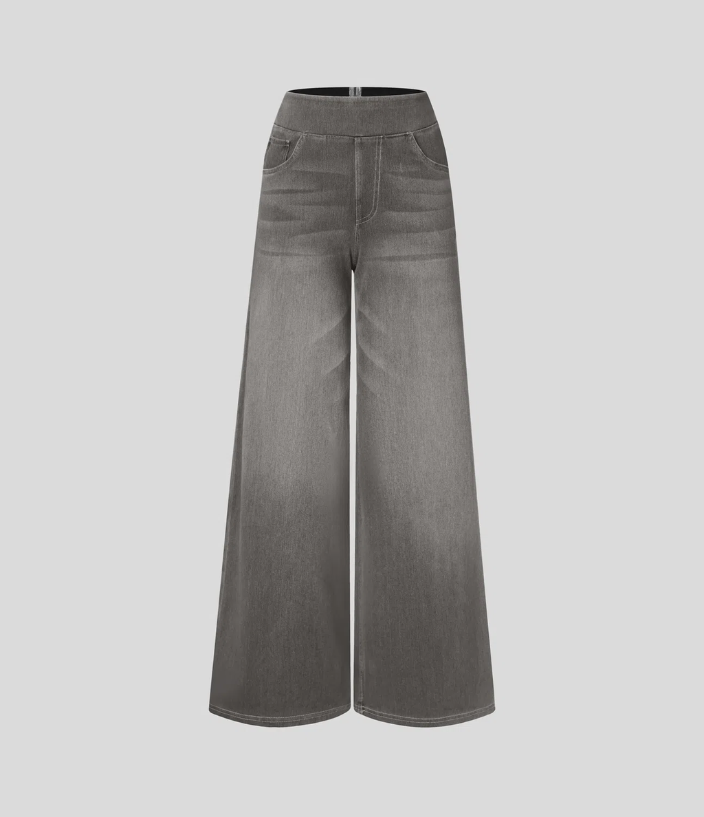 💝Last day promotion⚡High Waisted Multiple Pockets Baggy Wide Leg Washed Stretchy Knit Casual Jeans