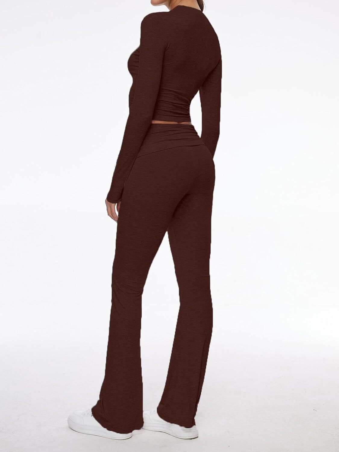 Women's 2 Piece Lounge Sets Fold-over Flare Pants Set Long Sleeve Crop