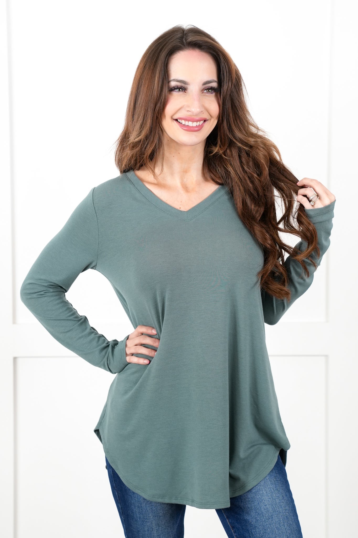Long Sleeve V-Neck Round Hem Top (Multiple Colors)