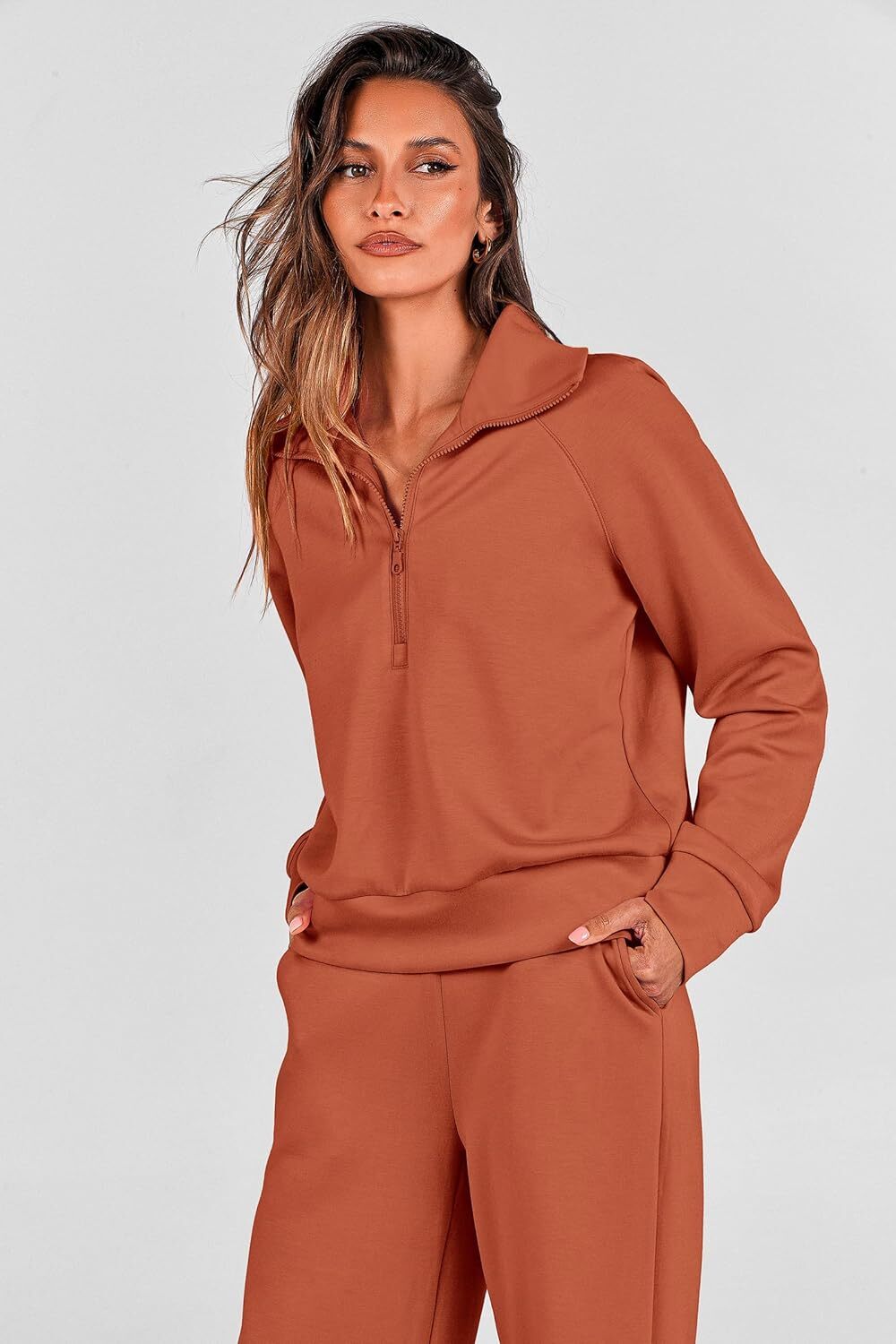 Women's 2 Piece Outfits Casual Lapel Half Zip Sweatshirts And Wide Leg Pants Tracksuit Sets