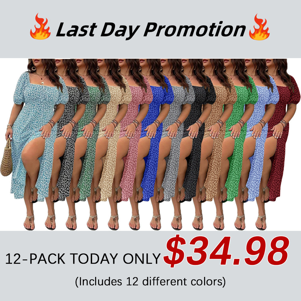 Women Plus Size Dress Puff Sleeve Floral Split A Line Maxi Dress Boho Tie Front Casual Beach Long Dresses