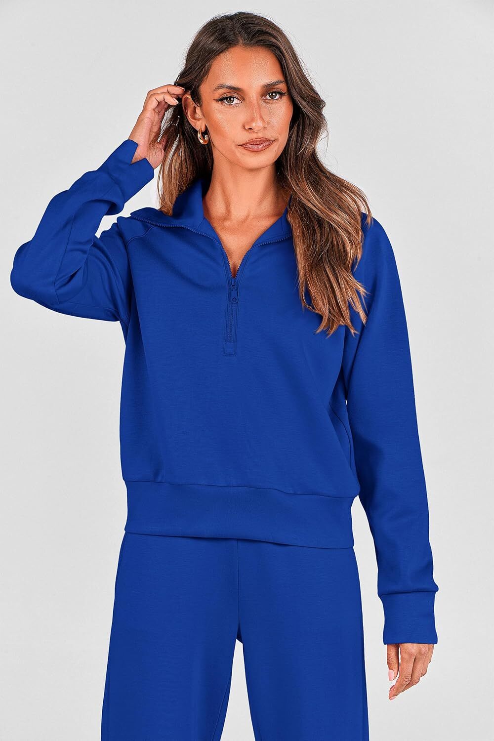 Women's 2 Piece Outfits Casual Lapel Half Zip Sweatshirts And Wide Leg Pants Tracksuit Sets