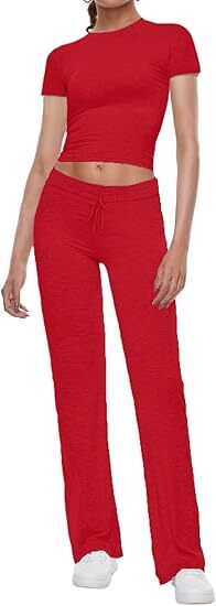Women's 2 Piece Lounge Sets Fold-over Flare Pants Set Long Sleeve Crop