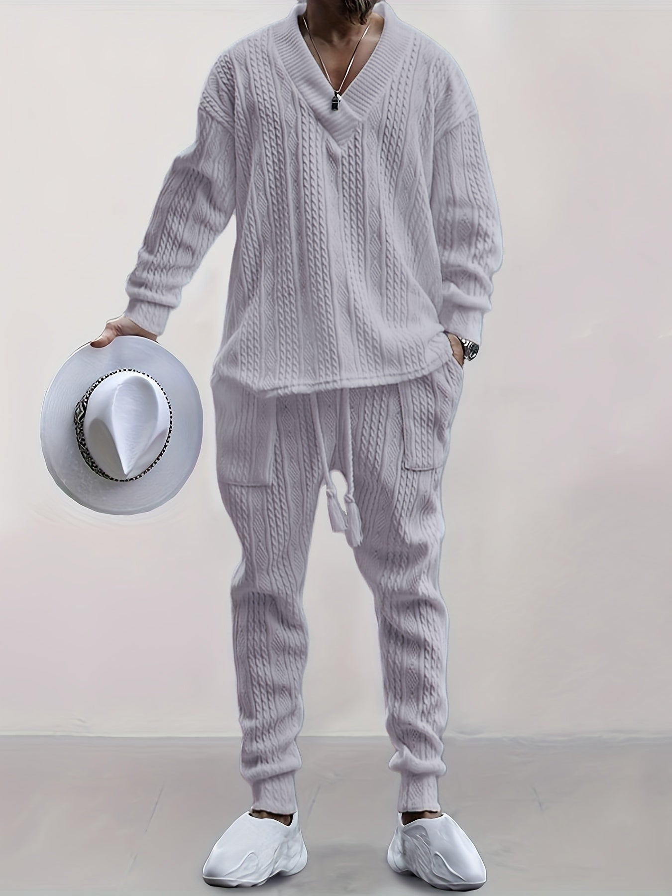 Mens V Neck Sweatshirt Jacquard Tracksuit 2 Piece Men Baggy Sweatsuit Sets Men's Jogging Tracksuit Set Outfit for Men