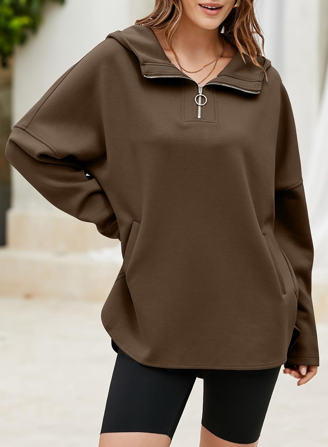 Women's Oversized Hoodies Casual Long Sleeve Half Zipper Pocket Sweatshirt Pullover Tops