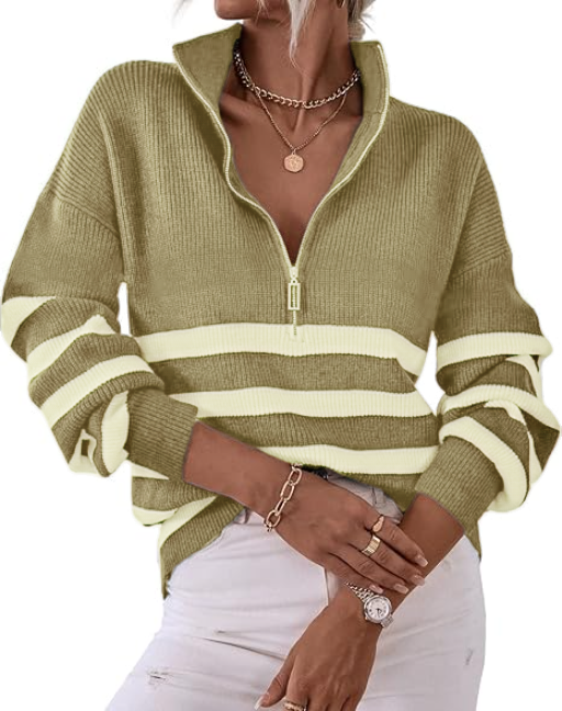 2025 Casual Long Sleeve Zipper Striped Pullover V Neck Ribbed Knitted Autumn and Winter Casual Pullover