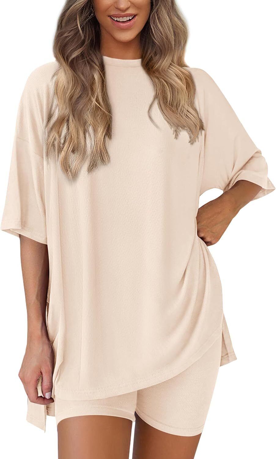 Women's Two Piece Lounge Set Casual Oversized Crewneck Tops and High Waisted Shorts Set