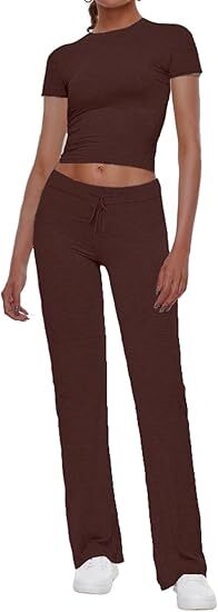 Women's 2 Piece Lounge Sets Fold-over Flare Pants Set Long Sleeve Crop