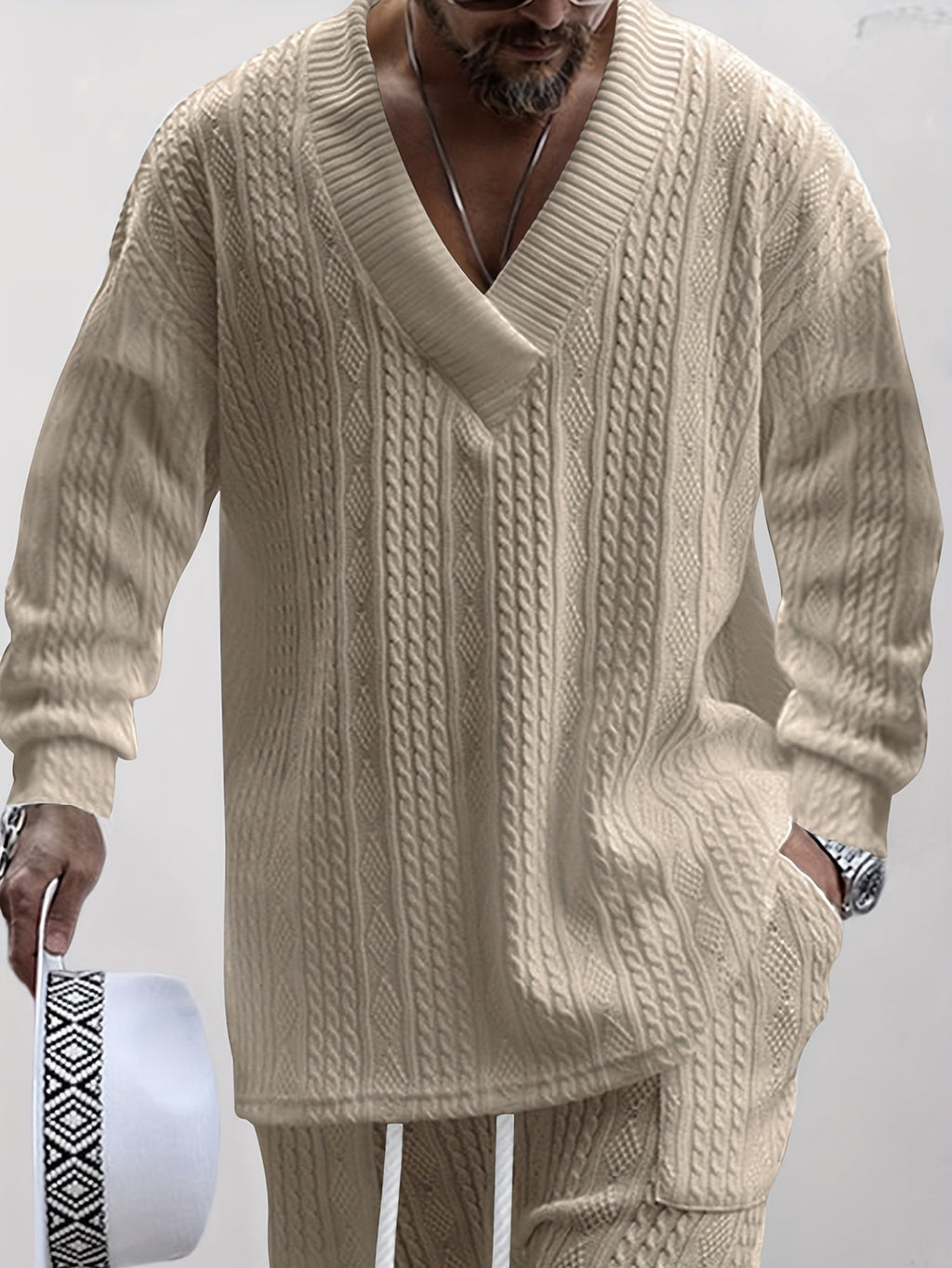 Mens V Neck Sweatshirt Jacquard Tracksuit 2 Piece Men Baggy Sweatsuit Sets Men's Jogging Tracksuit Set Outfit for Men