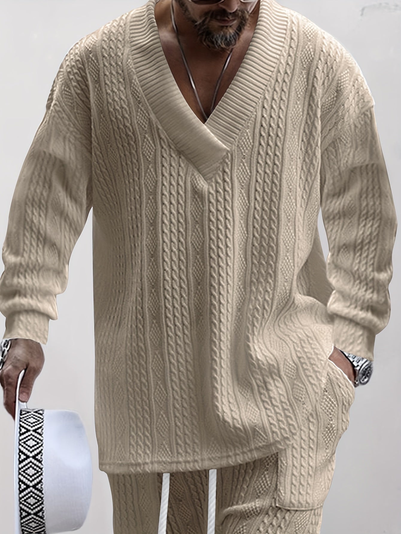 Mens V Neck Sweatshirt Jacquard Tracksuit 2 Piece Men Baggy Sweatsuit Sets Men's Jogging Tracksuit Set Outfit for Men