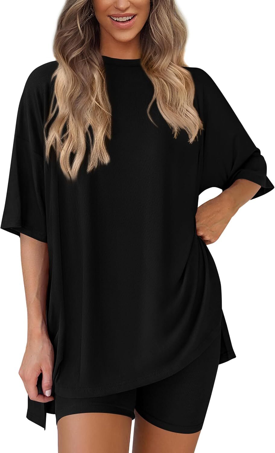 Women's Two Piece Lounge Set Casual Oversized Crewneck Tops and High Waisted Shorts Set