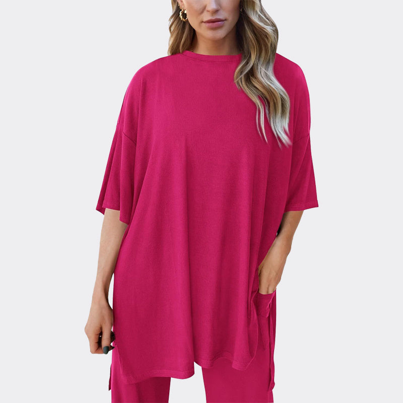 Women's 2 Piece Outfits Casual Short Sleeve Pullover Tops and Wide Leg Pants Lounge Sets Tracksuits