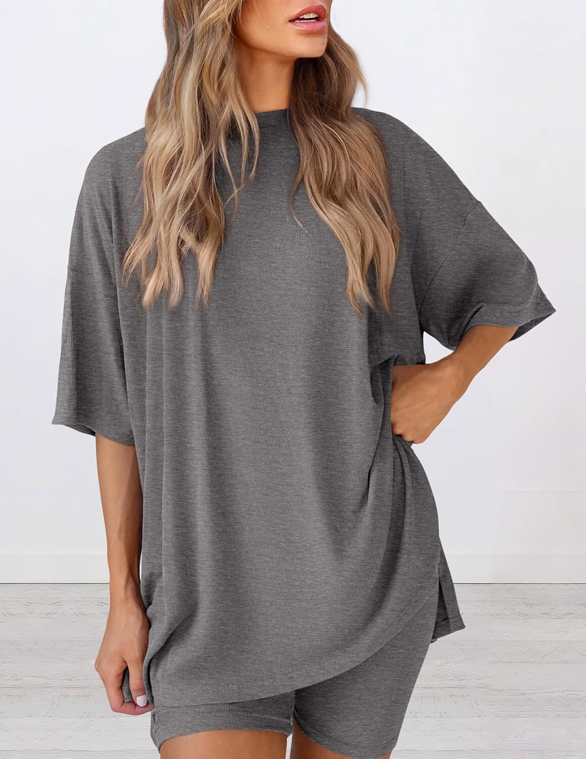 Women's Two Piece Lounge Set Casual Oversized Crewneck Tops and High Waisted Shorts Set