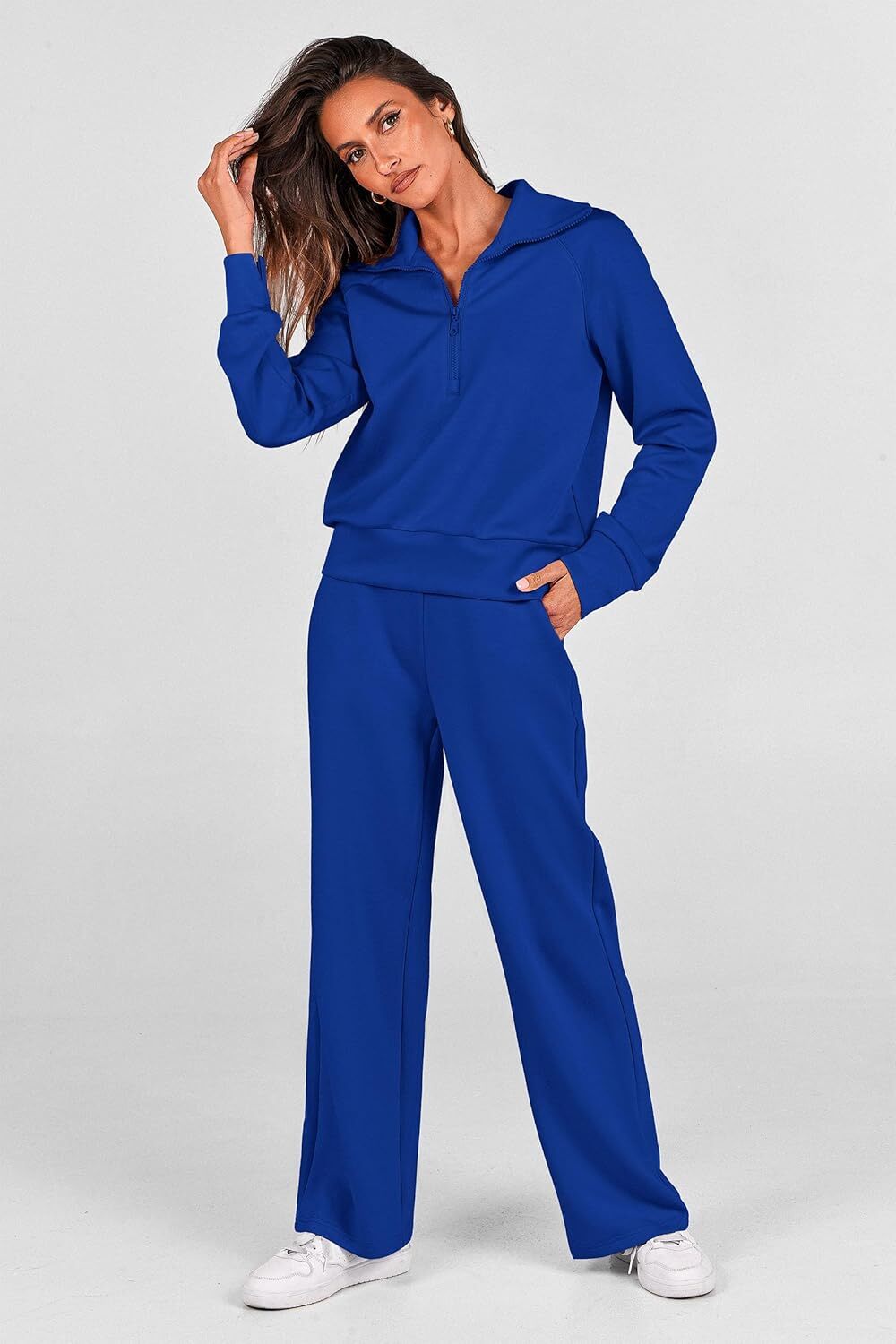 Women's 2 Piece Outfits Casual Lapel Half Zip Sweatshirts And Wide Leg Pants Tracksuit Sets