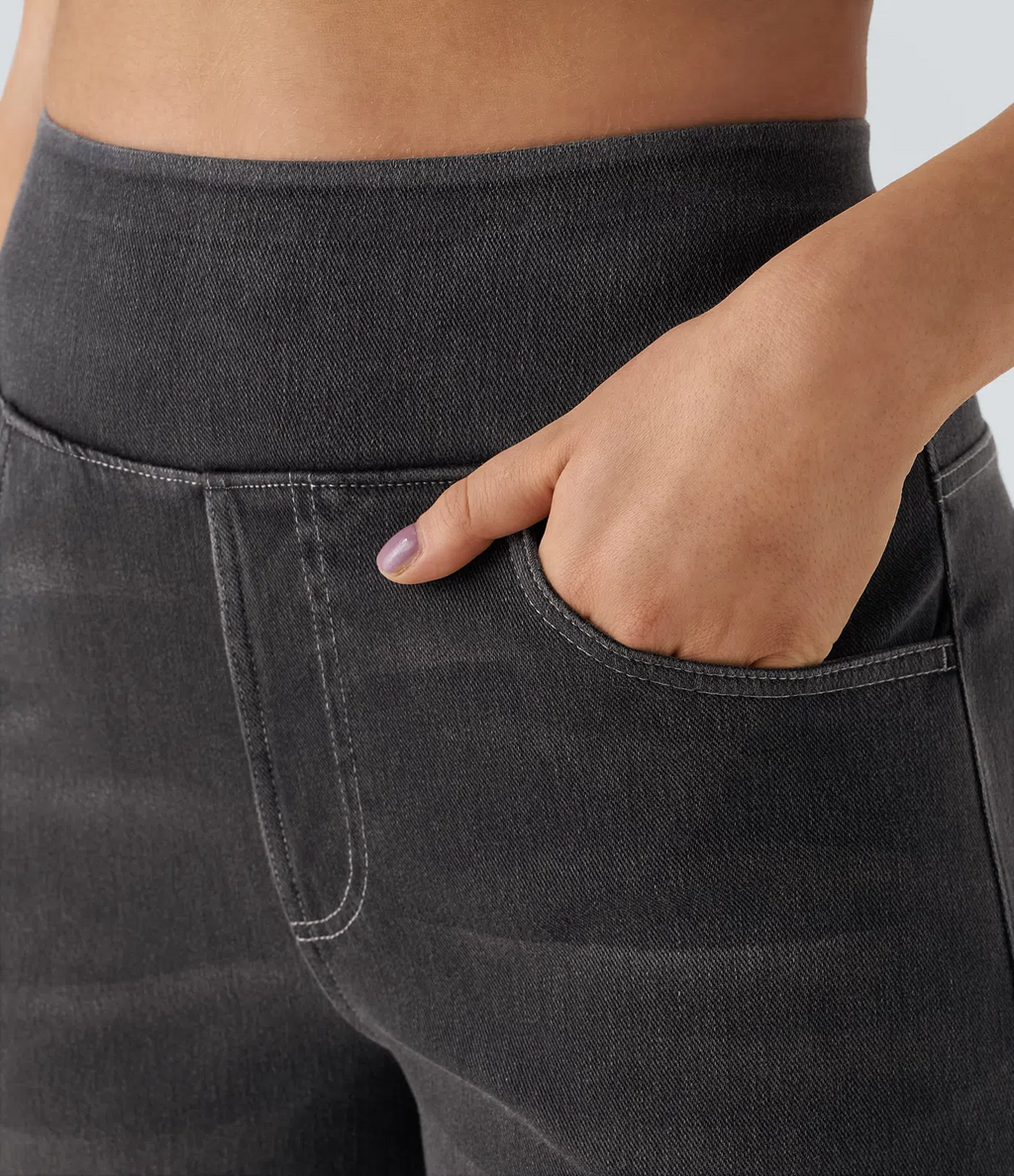 💝Last day promotion⚡High Waisted Multiple Pockets Baggy Wide Leg Washed Stretchy Knit Casual Jeans