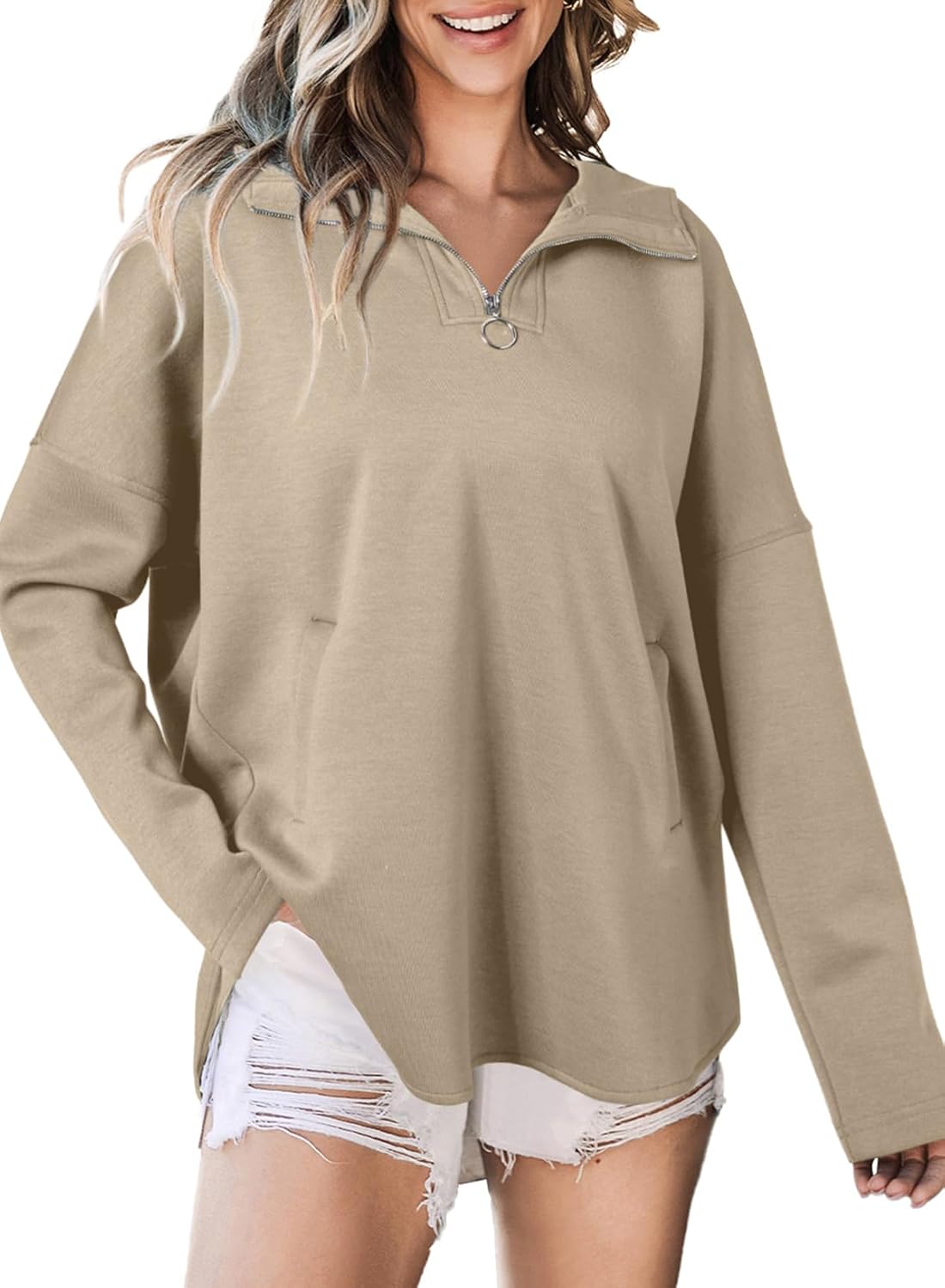 Women's Oversized Hoodies Casual Long Sleeve Half Zipper Pocket Sweatshirt Pullover Tops