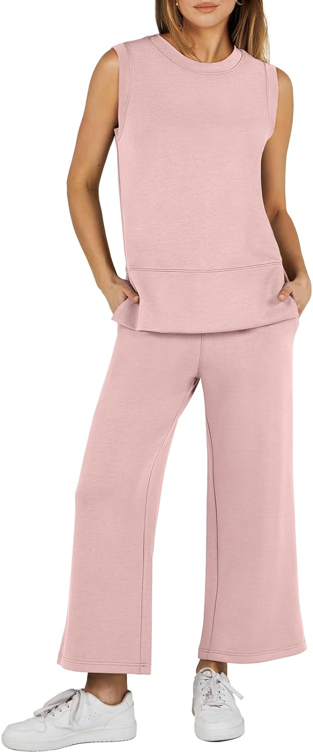 Women's 2 Piece Sets Summer Outfits Sleeveless Wide Leg Tracksuits Casual Sweat Sets Lounge Sweatsuits