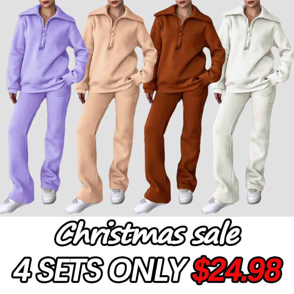 Women's Lapel Long Sleeve Sweatshirt Two Piece Set