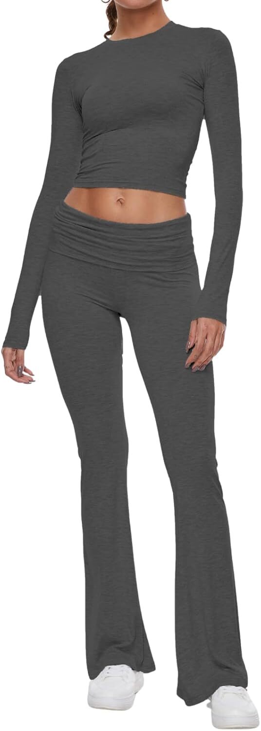 Women's 2 Piece Lounge Sets Fold-over Flare Pants Set Long Sleeve Crop