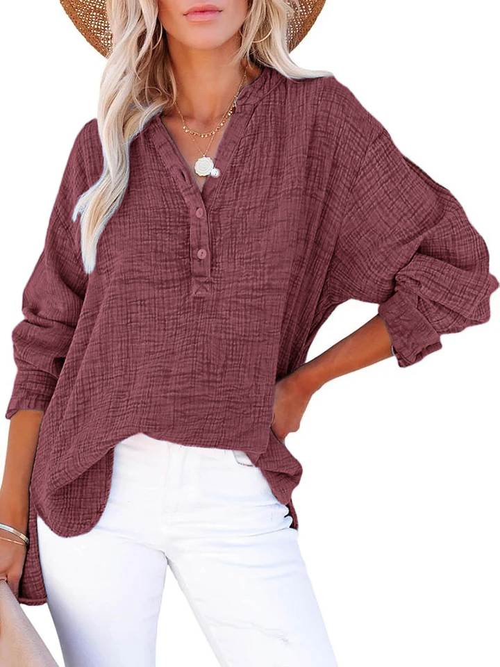 Womens Casual Button V Neck Long Sleeve Shirts Oversized Solid Blouses Tops