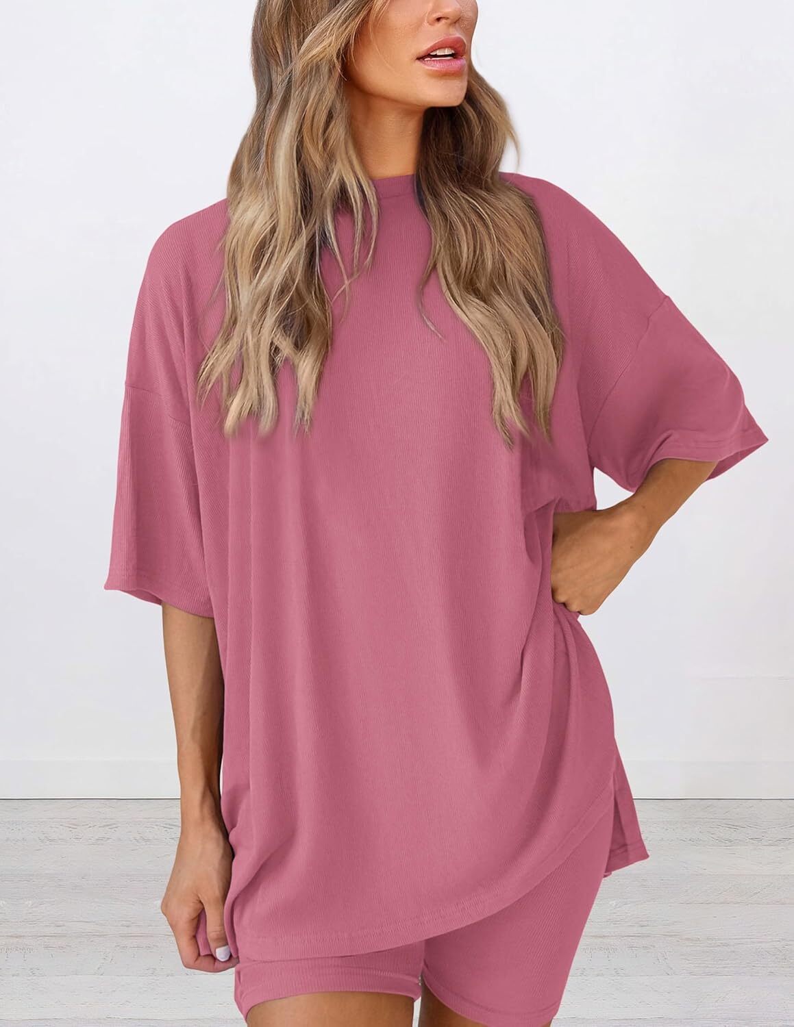 Women's Two Piece Lounge Set Casual Oversized Crewneck Tops and High Waisted Shorts Set