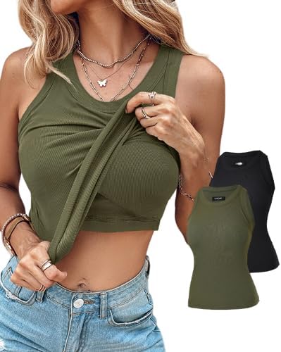 Women Built in Bra Ribbed Tank Tops Sleeveless Casual Tops