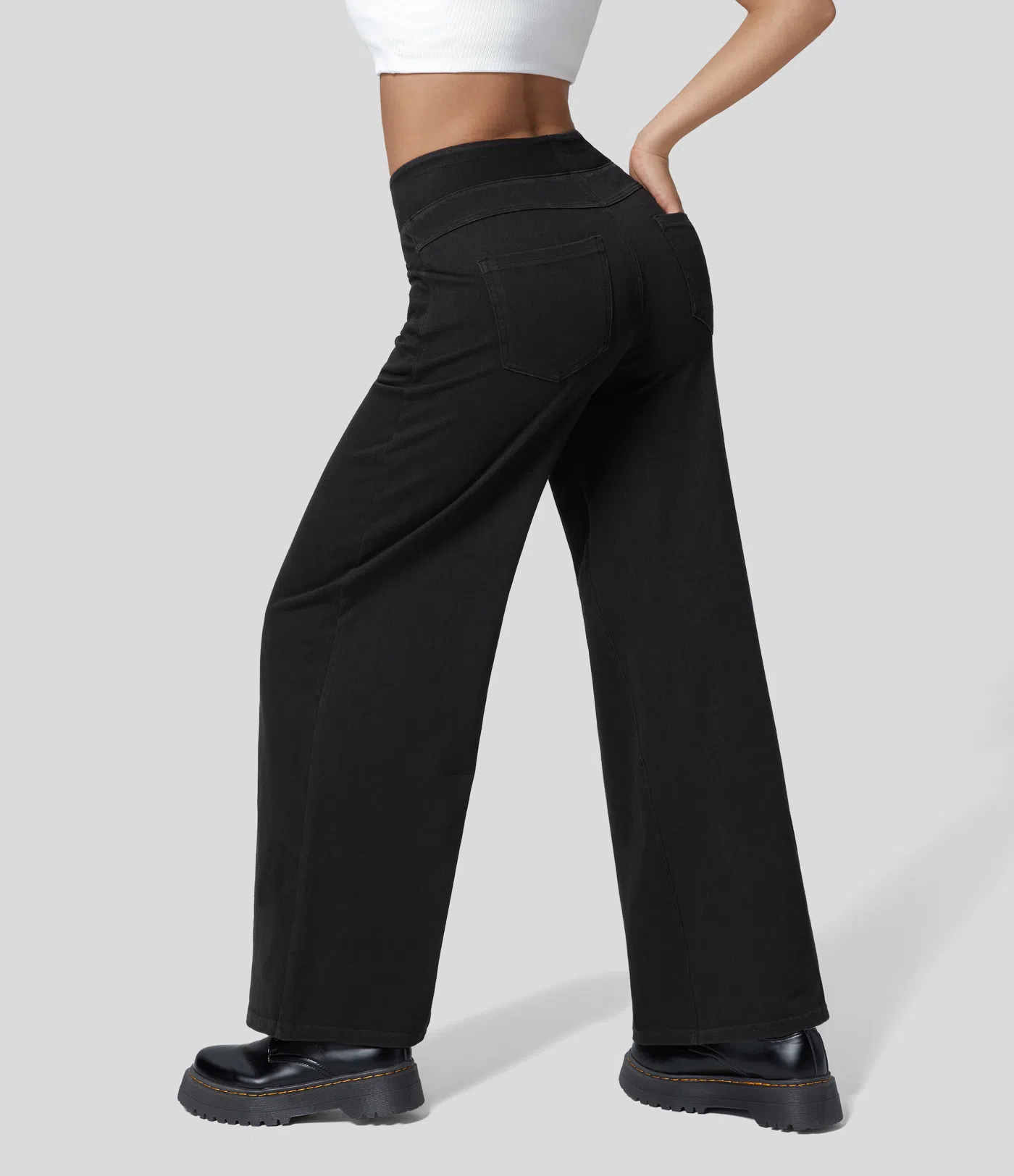FINAL SALE⚡High Waisted Multiple Pockets Baggy Wide Leg Washed Stretchy Knit Casual Jeans