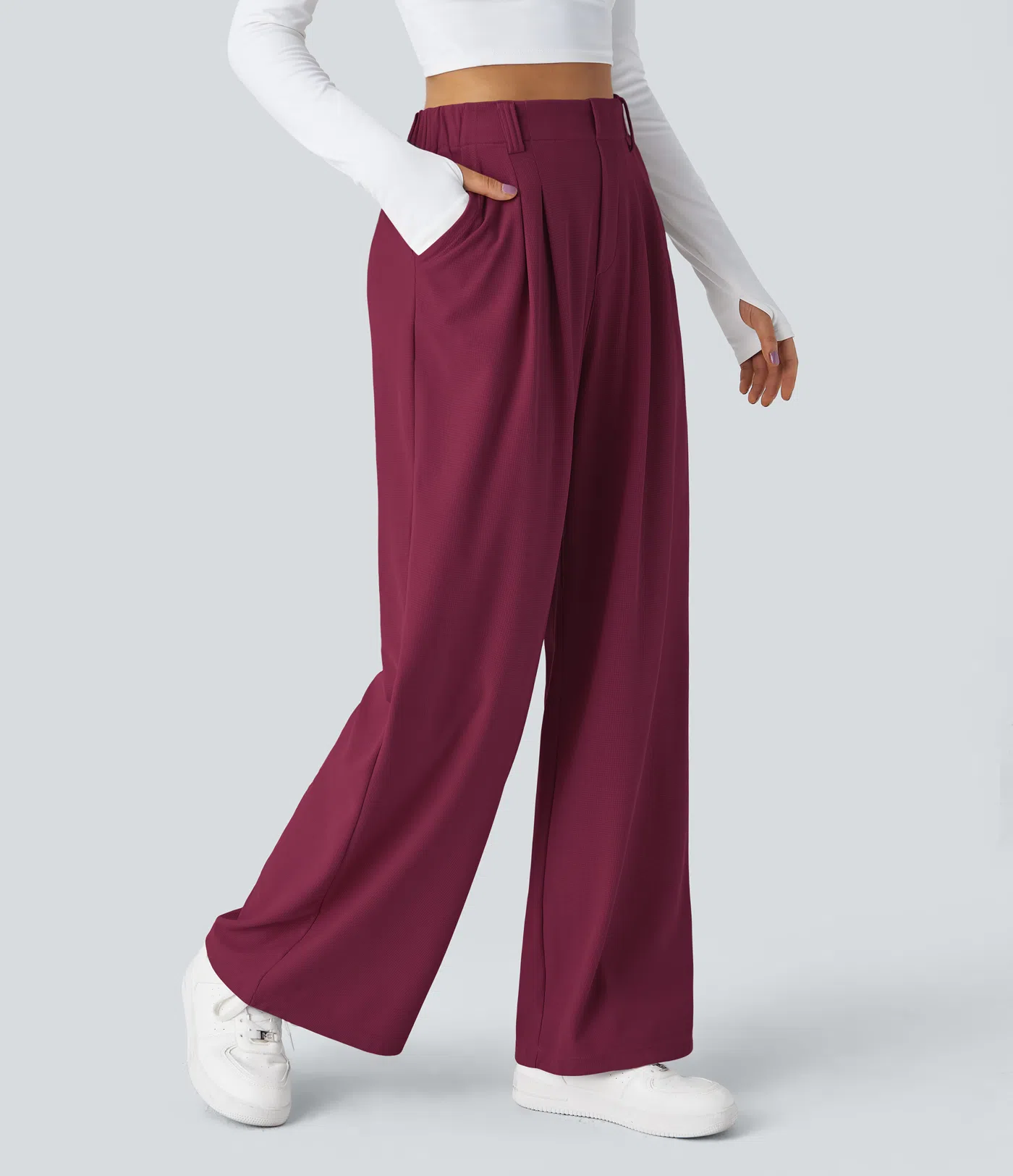 High Waisted Side Pocket Wide Leg Waffle Work Pants