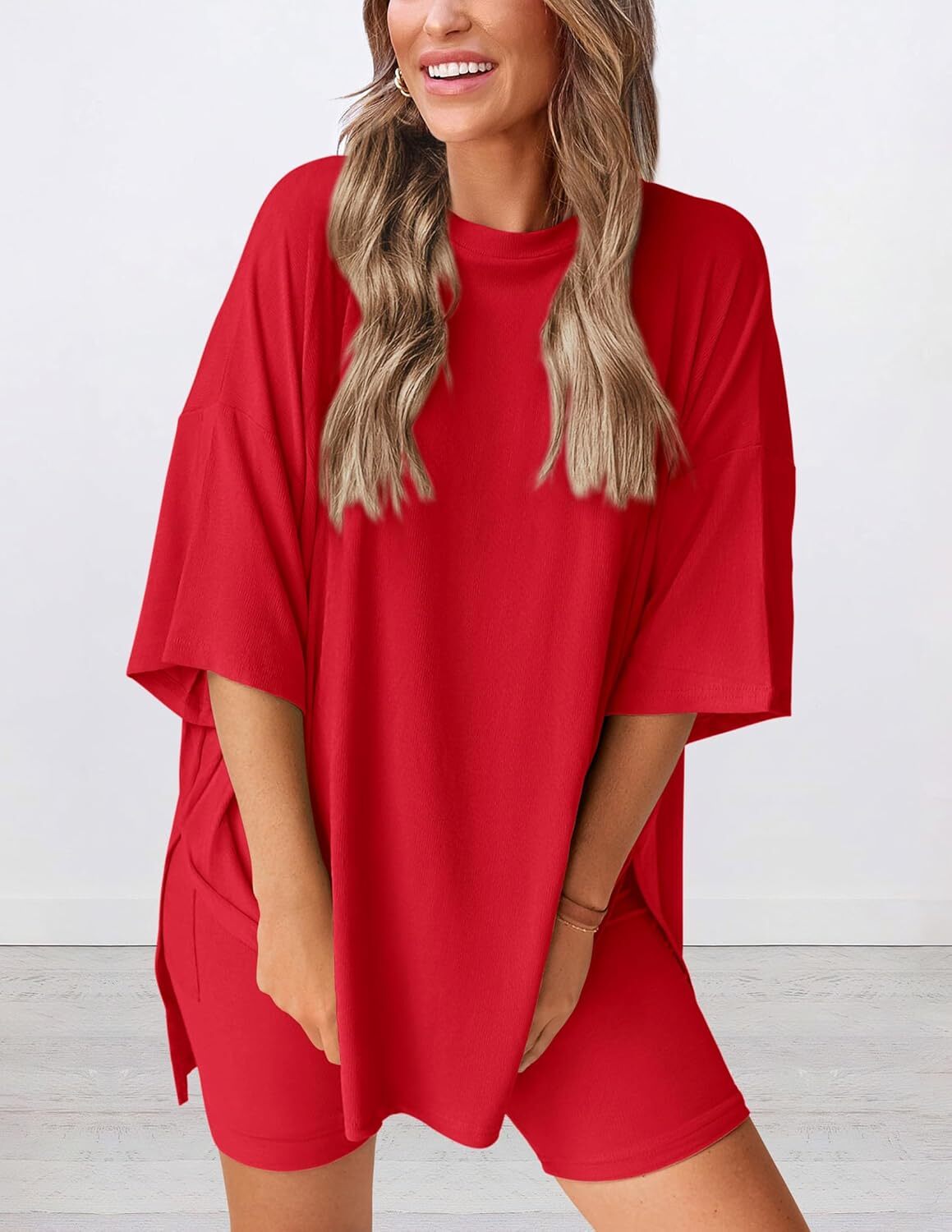 Women's Two Piece Lounge Set Casual Oversized Crewneck Tops and High Waisted Shorts Set