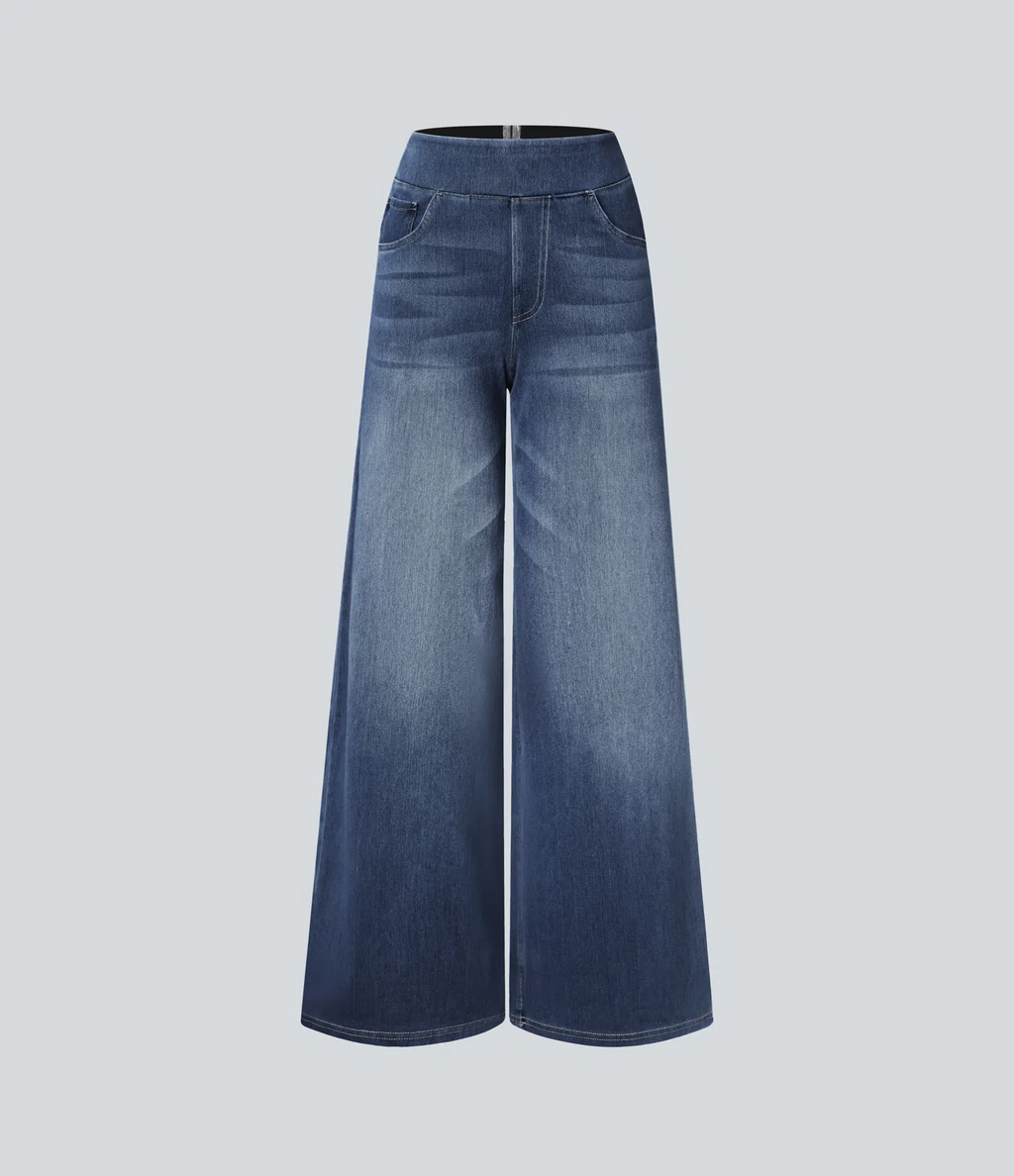 💝Last day promotion⚡High Waisted Multiple Pockets Baggy Wide Leg Washed Stretchy Knit Casual Jeans