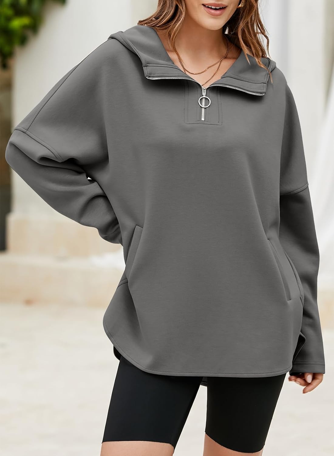 Women's Oversized Hoodies Casual Long Sleeve Half Zipper Pocket Sweatshirt Pullover Tops