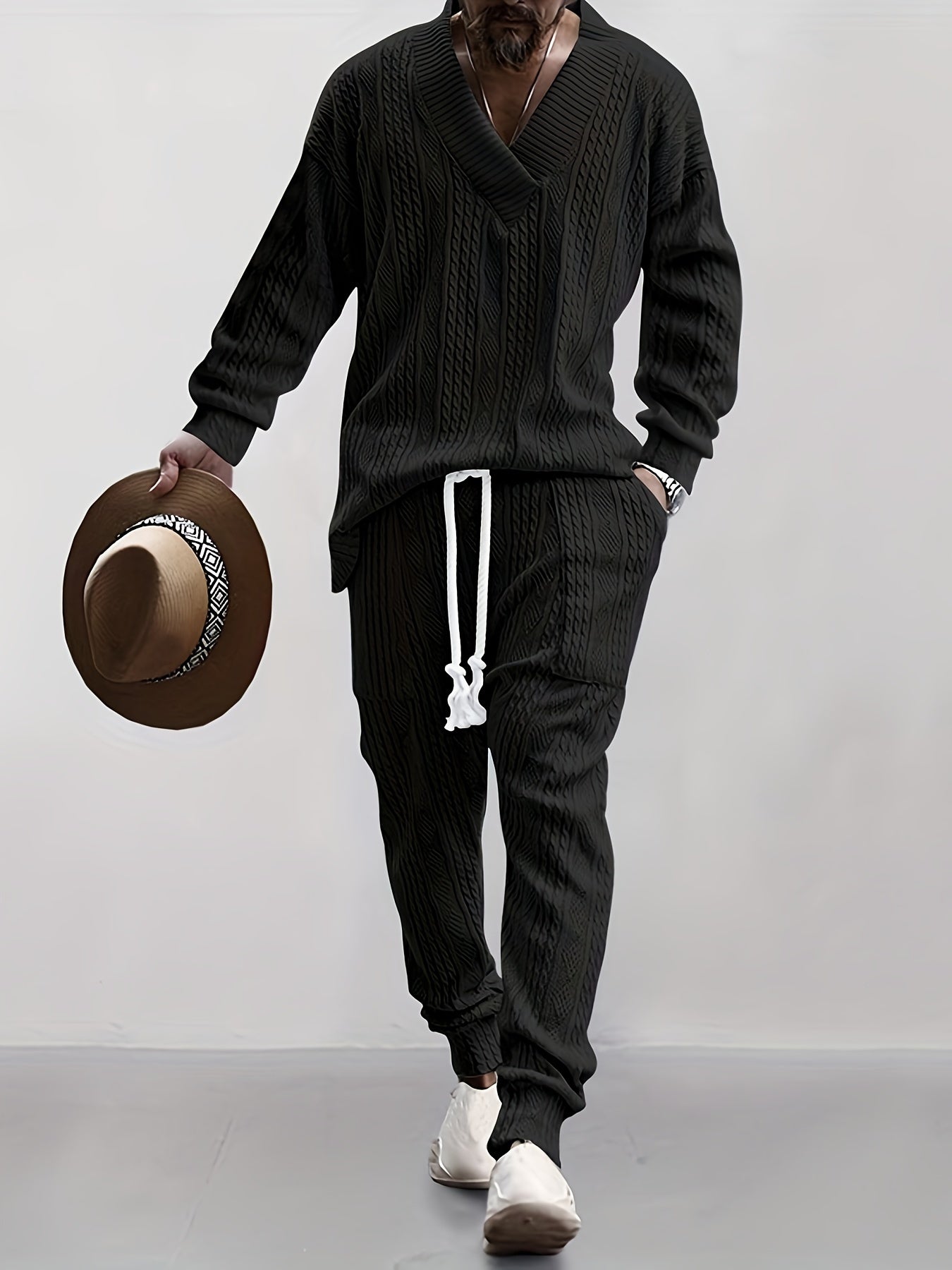 Mens V Neck Sweatshirt Jacquard Tracksuit 2 Piece Men Baggy Sweatsuit Sets Men's Jogging Tracksuit Set Outfit for Men