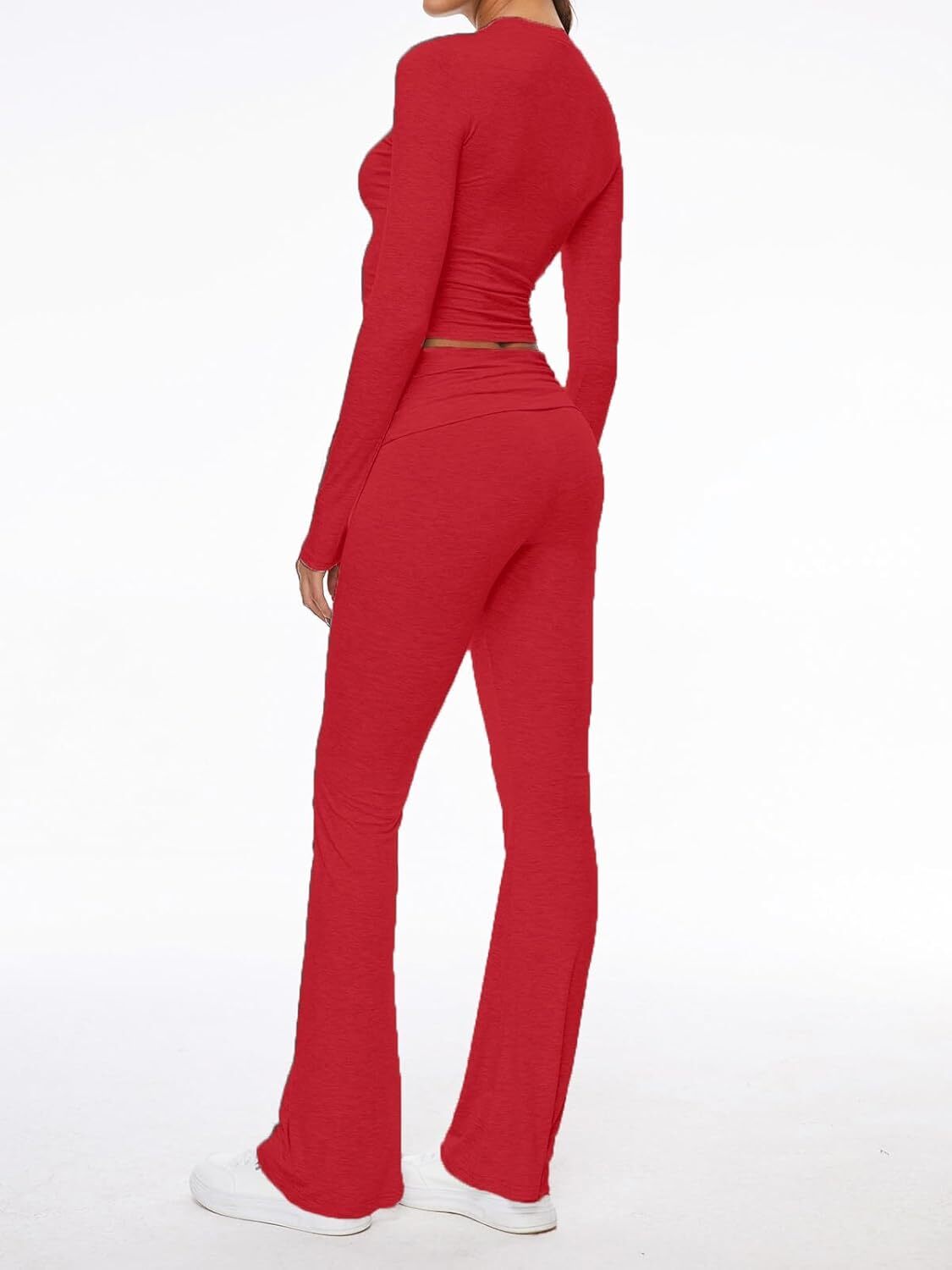 Women's 2 Piece Lounge Sets Fold-over Flare Pants Set Long Sleeve Crop