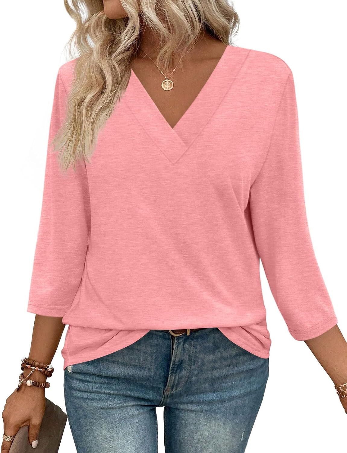 3/4 Length Sleeve Womens Tops V Neck Casual Tunic Tops Basic Shirts Loose Fit Blouse