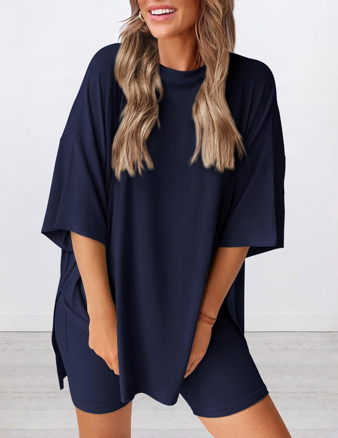 Women's Two Piece Lounge Set Casual Oversized Crewneck Tops and High Waisted Shorts Set
