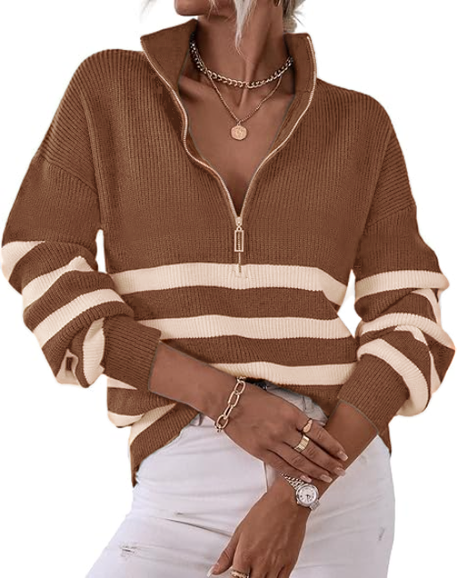 2025 Casual Long Sleeve Zipper Striped Pullover V Neck Ribbed Knitted Autumn and Winter Casual Pullover