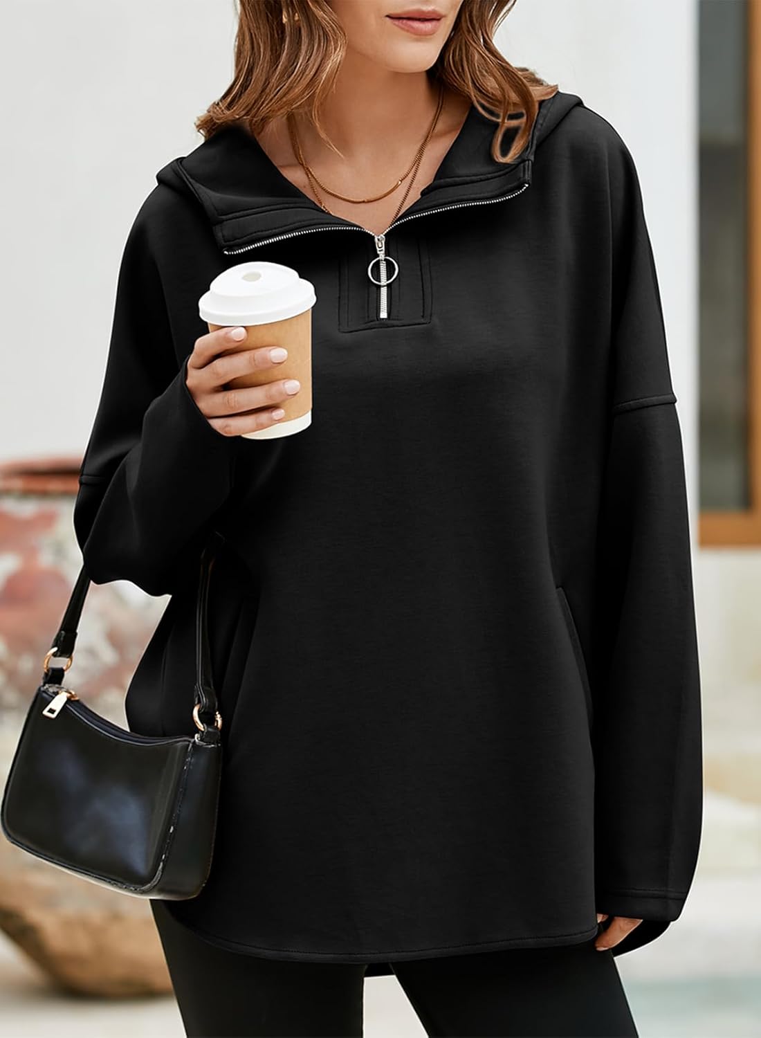 Women's Oversized Hoodies Casual Long Sleeve Half Zipper Pocket Sweatshirt Pullover Tops