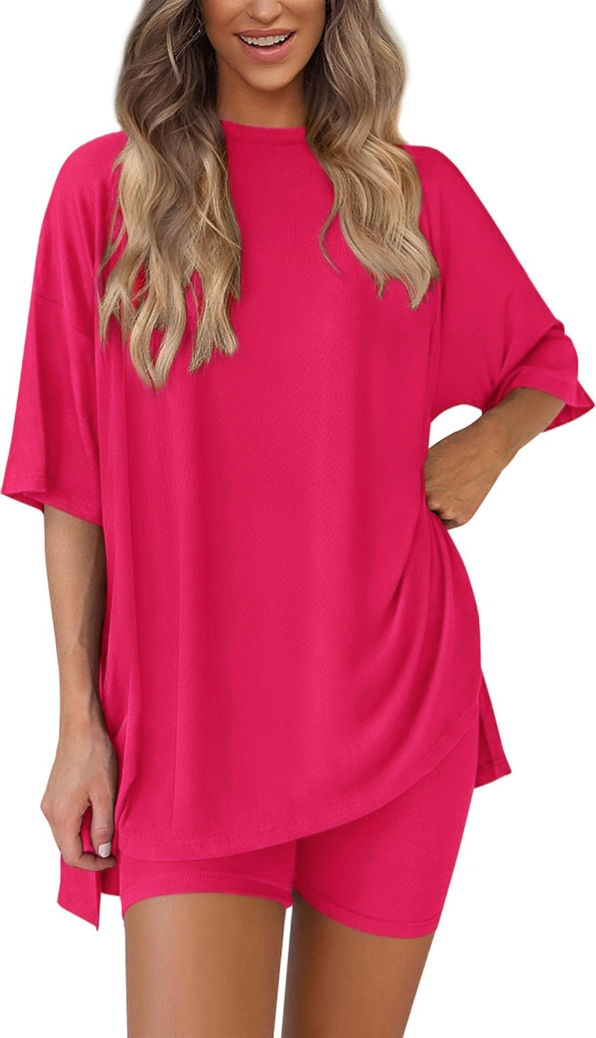 Women's Two Piece Lounge Set Casual Oversized Crewneck Tops and High Waisted Shorts Set