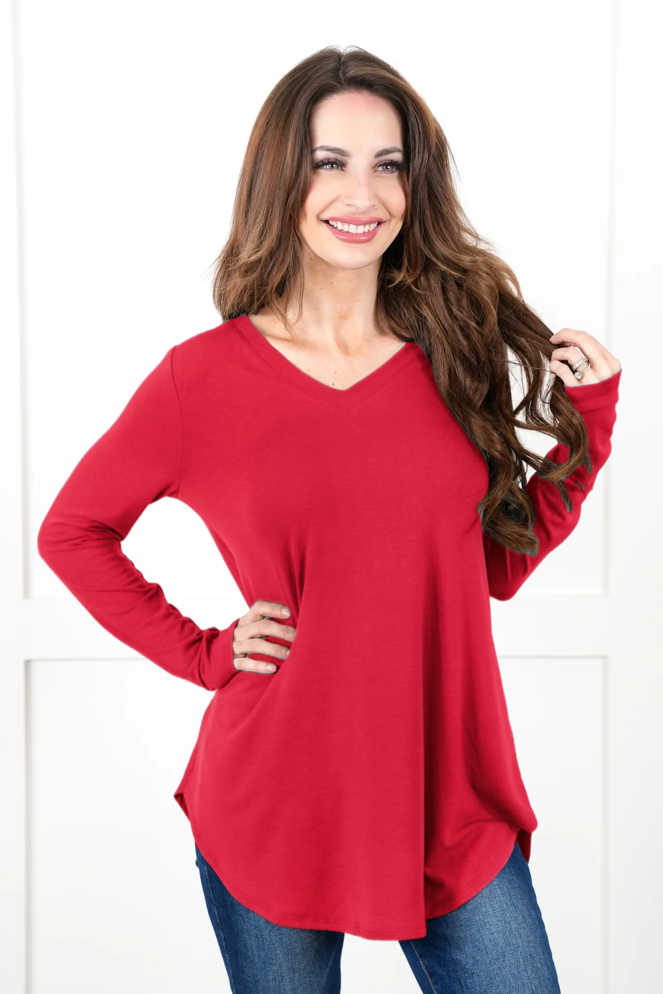 Long Sleeve V-Neck Round Hem Top (Multiple Colors)