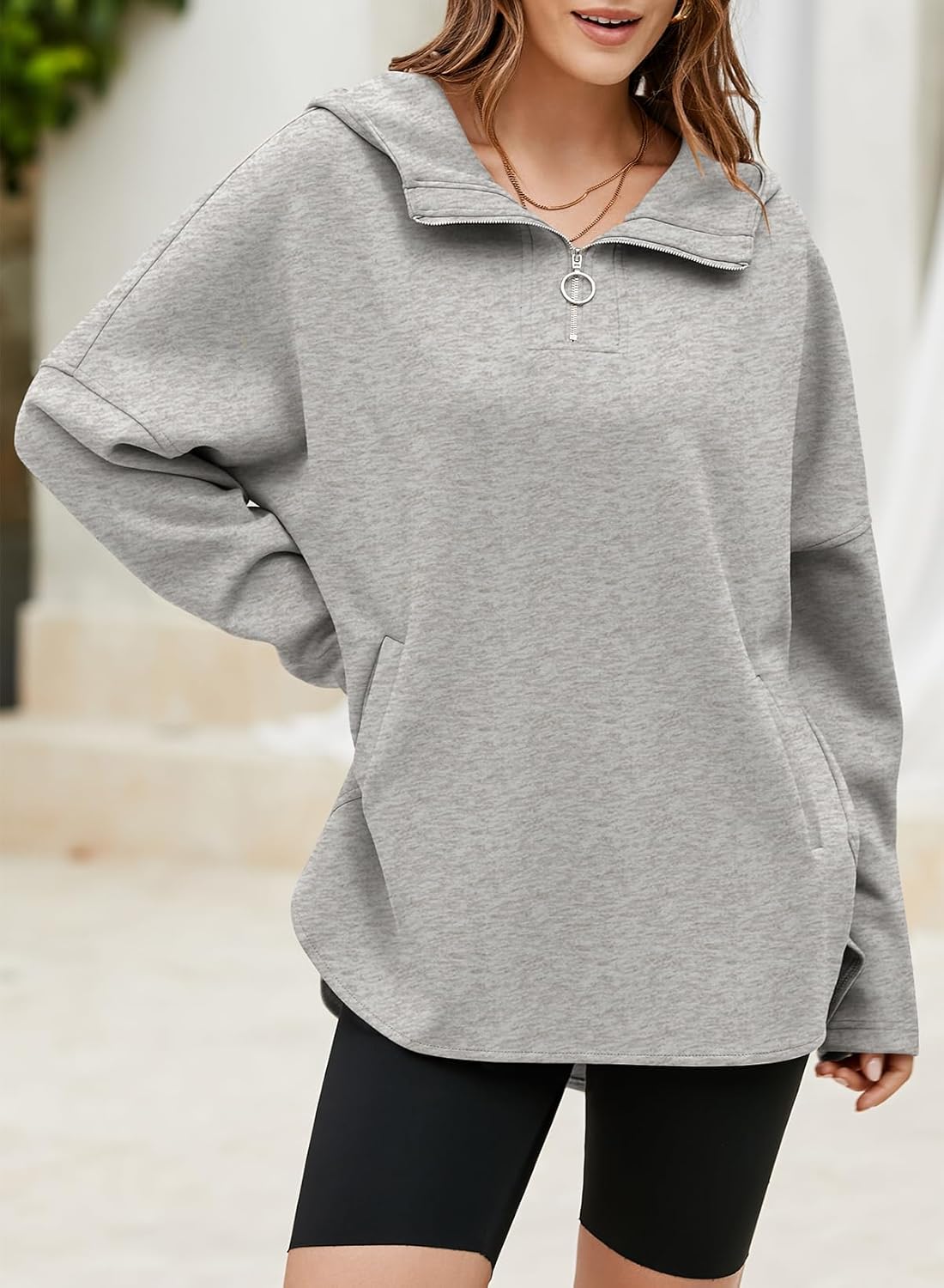 Women's Oversized Hoodies Casual Long Sleeve Half Zipper Pocket Sweatshirt Pullover Tops