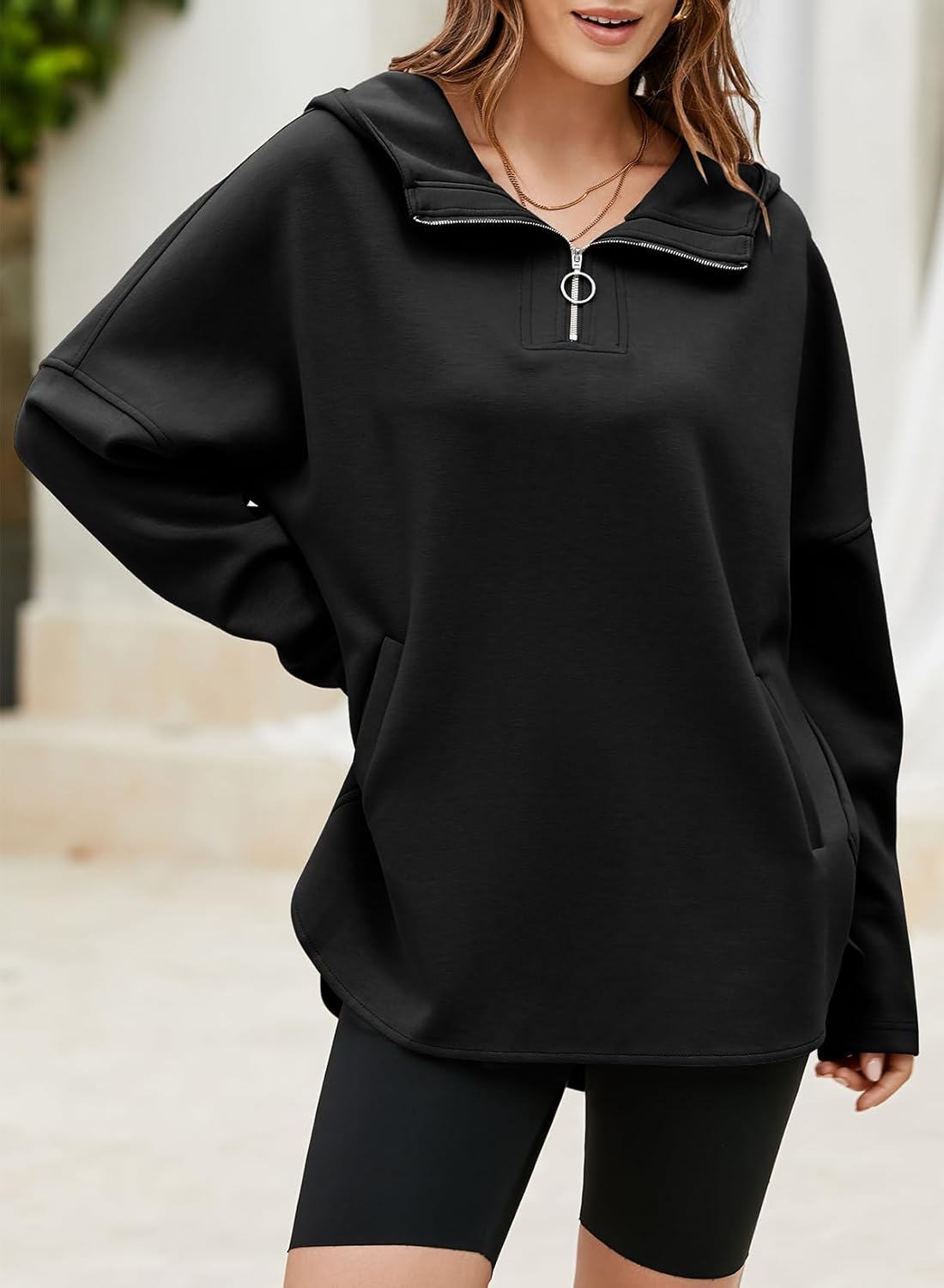 Women's Oversized Hoodies Casual Long Sleeve Half Zipper Pocket Sweatshirt Pullover Tops