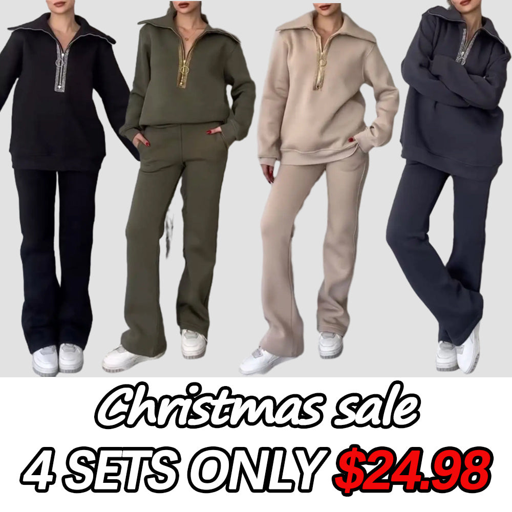 Women's Lapel Long Sleeve Sweatshirt Two Piece Set