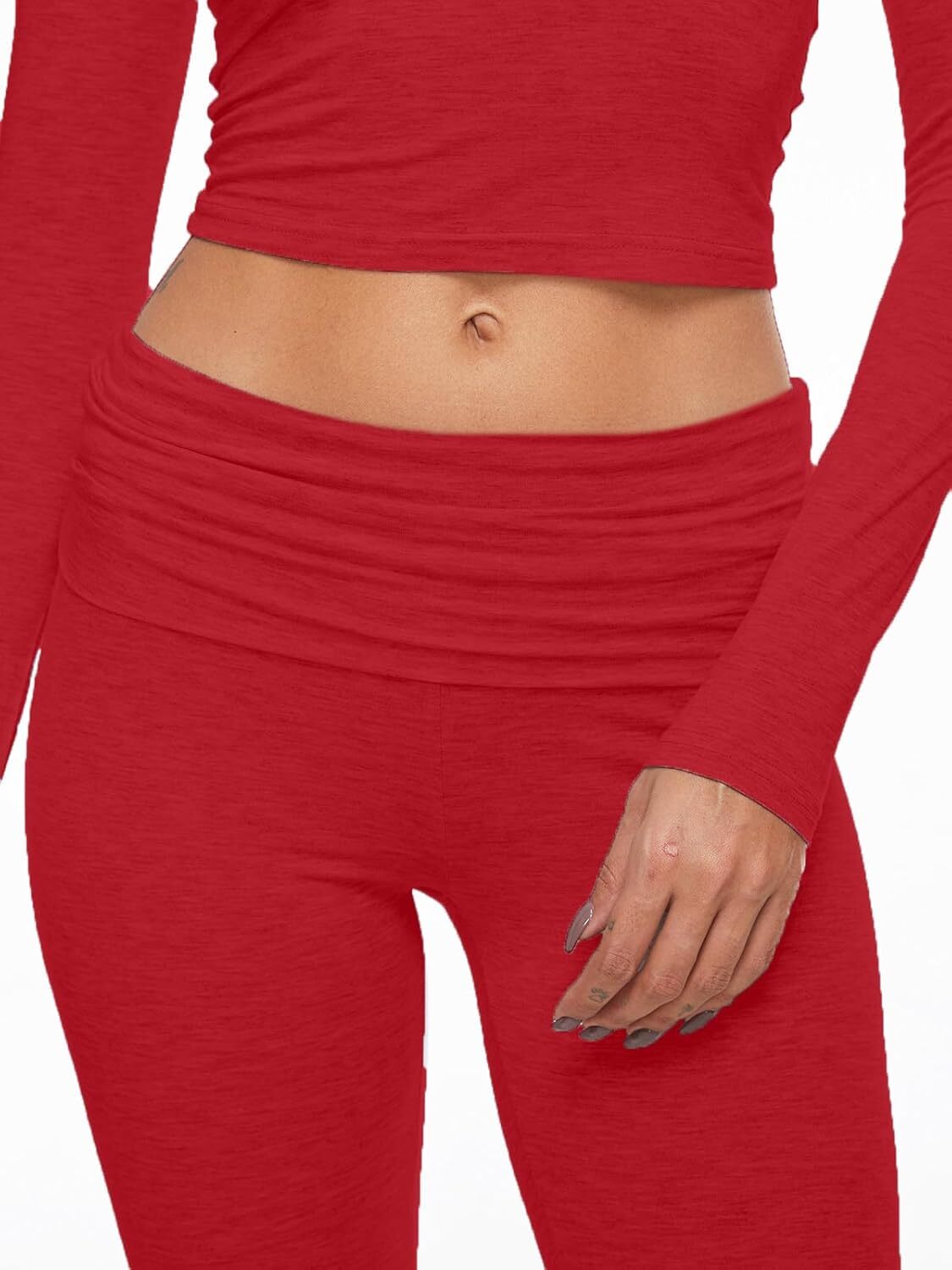 Women's 2 Piece Lounge Sets Fold-over Flare Pants Set Long Sleeve Crop