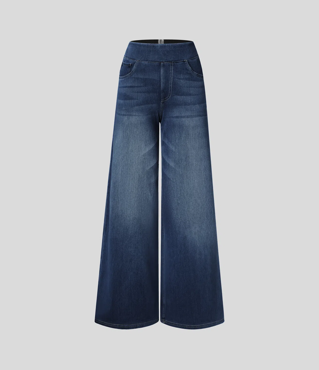 💝Last day promotion⚡High Waisted Multiple Pockets Baggy Wide Leg Washed Stretchy Knit Casual Jeans
